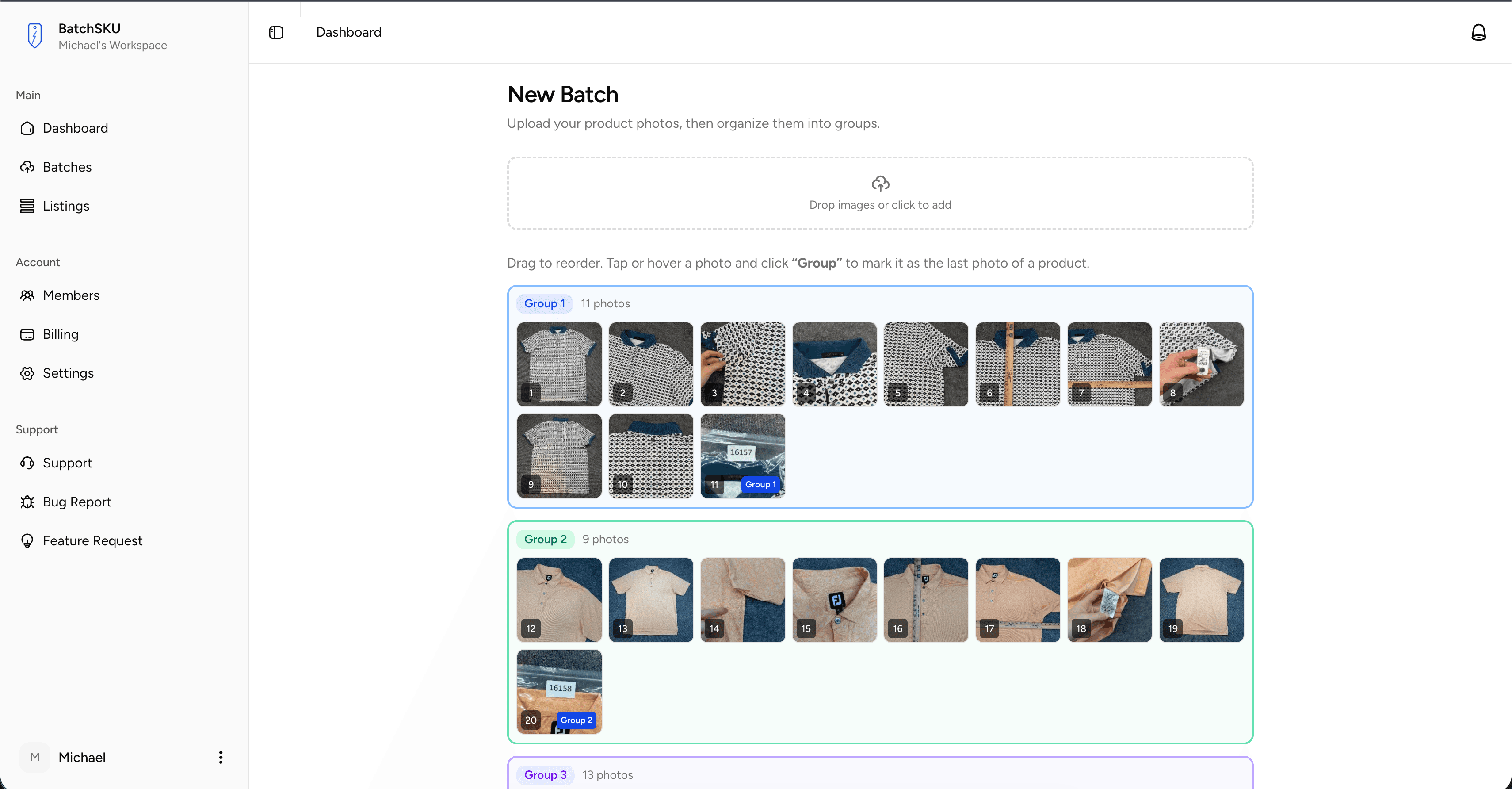 BatchSKU batch upload interface showing photo grouping by product