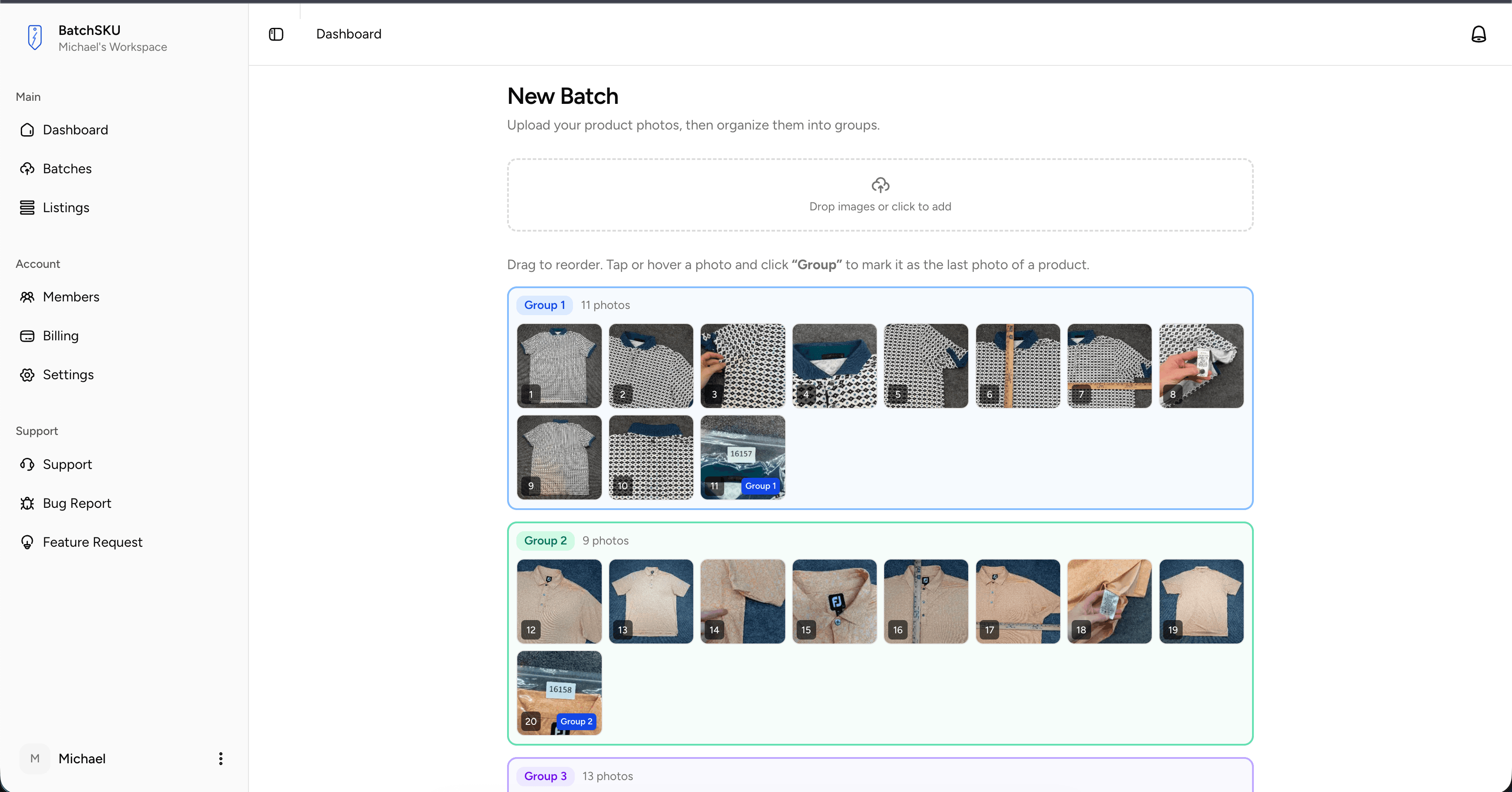 BatchSKU batch upload interface showing AI-generated eBay listings